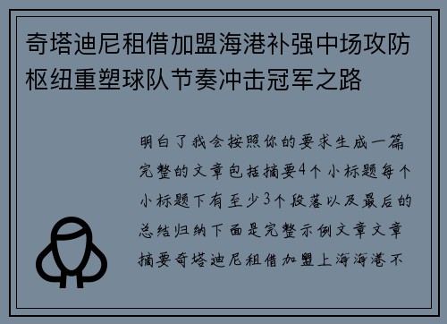 奇塔迪尼租借加盟海港补强中场攻防枢纽重塑球队节奏冲击冠军之路